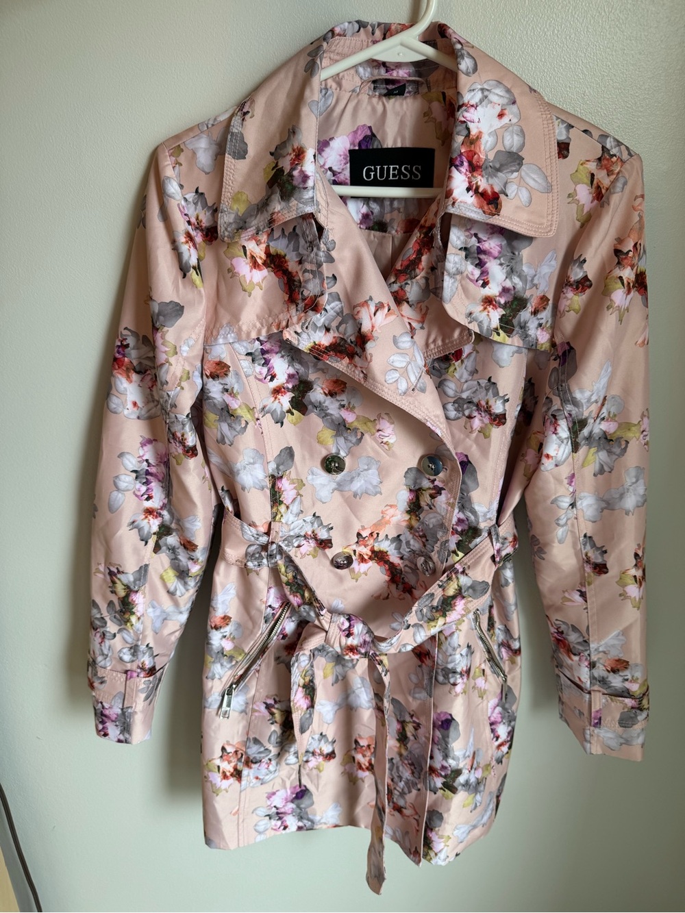 GUESS Pink Floral Double-Breasted Trench Coat